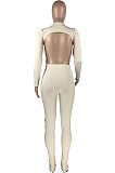 Euramerican Women Autumn Winter Backless Shirred Detail Ribber Split Pure Color Club Casual Pants Sets HAA9093-1