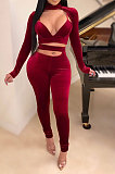 Black Pleuche Women Long Sleeve Strapless High Waist Bodycon Pants Sexy Two-Piece E8551-1