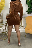 Black Women Fashion Long Sleeve Solid Color Zipper Hooded Tops Korea Velvet Pocket Skirts Sets AA5278-3
