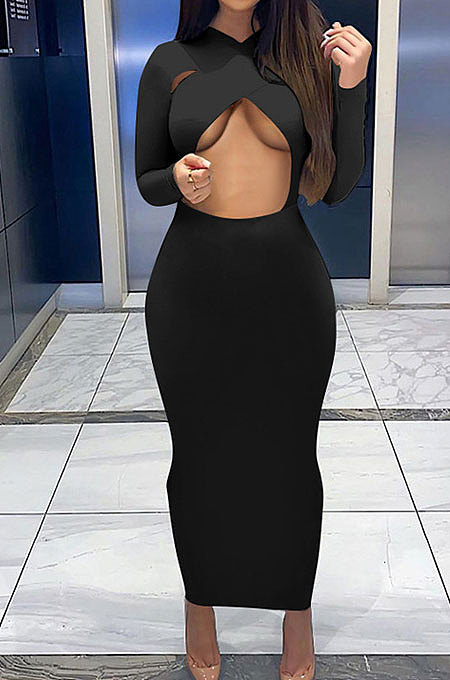 Black Sexy Cotton Blend Long Sleeve Strapless Hollow Out Solid Color Bodycon Dress DR88122-3