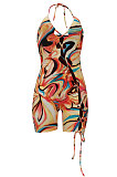 Orange Women Sexy Condole Blet Tie Dye Bandage Hallter Neck Hollow Out Digital Printing Romper Shorts ZZ2131-2