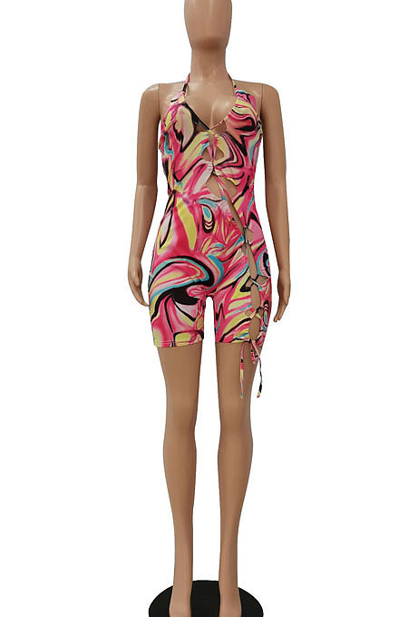 Orange Women Sexy Condole Blet Tie Dye Bandage Hallter Neck Hollow Out Digital Printing Romper Shorts ZZ2131-2