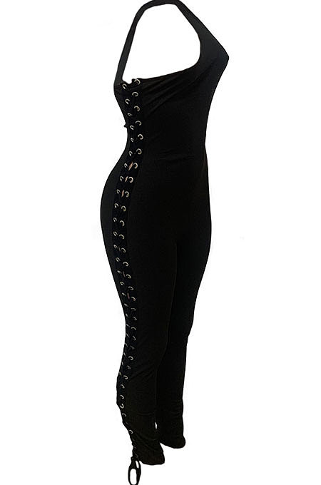 White Women Oblique Shoulder Condole Belt Eyelet Bandage Pure Color Bodycon Jumpsuits LD81045-2