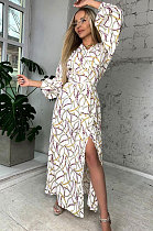 Euramerican Women Long Sleeve Printing Swing Split Long Dress YZ2458