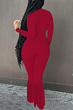 Black Simple New Long Sleeve Stand Neck Zipper Collect Waist Tassel Wide Leg Jumpsuits E8614-2