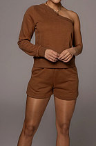 Coffee Modest Autumn One Sleeve Oblique Shoulder Top Drawsting Shorts Casual Sets FH157-1