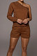 Coffee Modest Autumn One Sleeve Oblique Shoulder Top Drawsting Shorts Casual Sets FH157-1