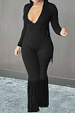 Red Simple New Long Sleeve Stand Neck Zipper Collect Waist Tassel Wide Leg Jumpsuits E8614-1