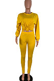 Gray Women Pure Color Long Sleeve Round Collar Fashion Sport Pants Sets AMM8191-2