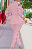 Wine Red Modest Sexy Lace Spliced Long Sleeve Lapel Neck Coat Long Pants Solid Color OL Sets TK6197-2