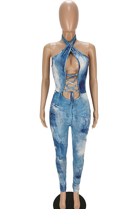 Light Blue Women Skinny Bandage Sexy Printing Hallter Neck Backless Bodycon Jumpsuits ANK06024
