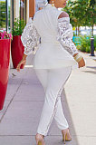 Wine Red Modest Sexy Lace Spliced Long Sleeve Lapel Neck Coat Long Pants Solid Color OL Sets TK6197-2