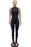 White Summer Edge Strip Spliced Sleeveless O Neck Collcet Waist Zip Back Split Sport Jumpsuitts FH159-2