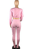 Pink Euramerican Women Trendy Solid Color Oblique Shoulder Tops Hole Pants Sets AA2034-1