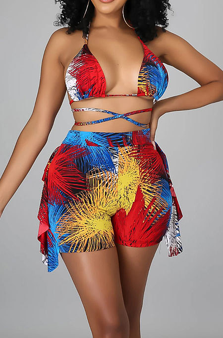 Colorful Euramerican Women Sexy Bandage Hallter Neck Backless Printing Shorts Sets ANK06023