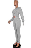 Gray Women Pure Color Long Sleeve Round Collar Fashion Sport Pants Sets AMM8191-2