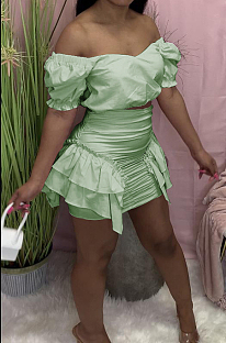 Light Green Wholesal New Ruffle Sleeve A Wrod Shoulder Strapless Pleated Wrap Skirts Two-Piece LY016-3