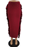 Wine Red  Black Cute Two Side Tassel Long Skirts MTY6538-4