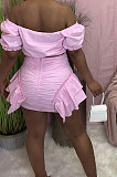 Light Green Wholesal New Ruffle Sleeve A Wrod Shoulder Strapless Pleated Wrap Skirts Two-Piece LY016-3