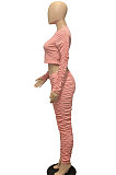 Pink Simple Long Sleeve Round Neck Crop Tops Pencil Pants Pleated Sets P8601 