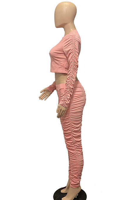 Pink Simple Long Sleeve Round Neck Crop Tops Pencil Pants Pleated Sets P8601 