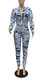 Blue New Fashion Printing Long Sleeve Zipper Hoodie Pants Sport Sets P8602