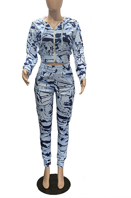 Blue New Fashion Printing Long Sleeve Zipper Hoodie Pants Sport Sets P8602