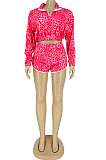 Gray New Leopard Printing Long Sleeve Zipper Jumper Shorts Edge Strip Sport Sets LY043-2