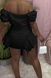 Pink Wholesal New Ruffle Sleeve A Wrod Shoulder Strapless Pleated Wrap Skirts Two-Piece LY016-1