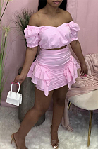 Pink Wholesal New Ruffle Sleeve A Wrod Shoulder Strapless Pleated Wrap Skirts Two-Piece LY016-1