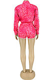 Rose Red New Leopard Printing Long Sleeve Zipper Jumper Shorts Edge Strip Sport Sets LY043-3