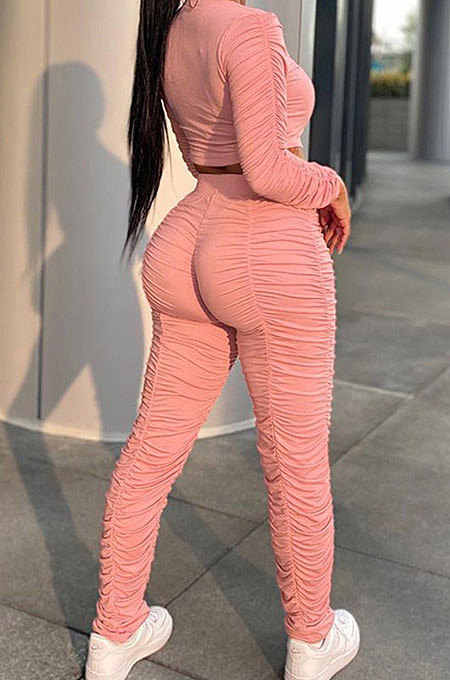 Pink Simple Long Sleeve Round Neck Crop Tops Pencil Pants Pleated Sets P8601 