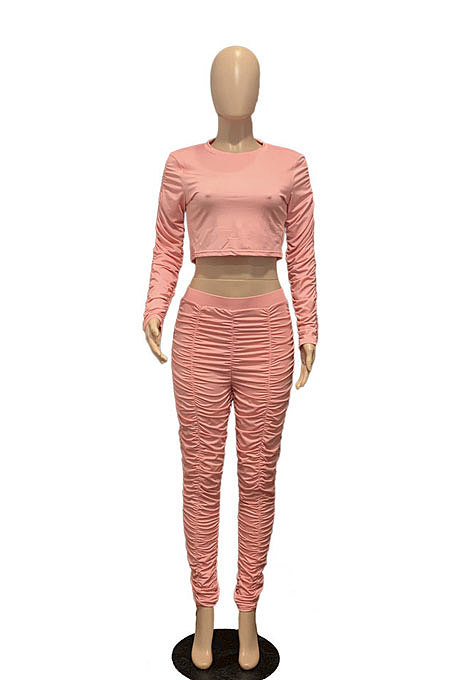 Pink Simple Long Sleeve Round Neck Crop Tops Pencil Pants Pleated Sets P8601 