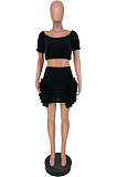 Light Green Wholesal New Ruffle Sleeve A Wrod Shoulder Strapless Pleated Wrap Skirts Two-Piece LY016-3