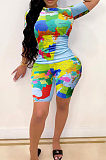 Water Blue Map Printing Short Sleeve Round Neck T-Shirt Shorts Two-Piece LY002-2