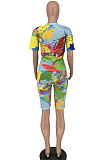 Water Blue Map Printing Short Sleeve Round Neck T-Shirt Shorts Two-Piece LY002-2