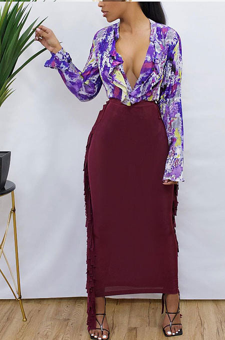 Wine Red  Black Cute Two Side Tassel Long Skirts MTY6538-4