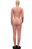Pink Simple Long Sleeve Round Neck Crop Tops Pencil Pants Pleated Sets P8601 