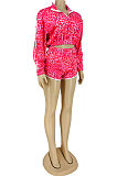 Rose Red New Leopard Printing Long Sleeve Zipper Jumper Shorts Edge Strip Sport Sets LY043-3