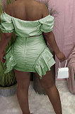 Pink Wholesal New Ruffle Sleeve A Wrod Shoulder Strapless Pleated Wrap Skirts Two-Piece LY016-1