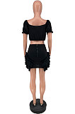 Pink Wholesal New Ruffle Sleeve A Wrod Shoulder Strapless Pleated Wrap Skirts Two-Piece LY016-1
