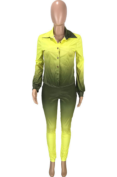 Yellow Wholesal Gradient Long Sleeve Lapel Neck Single-Breasted Shirts Pencil Pants Sets SM9200-1