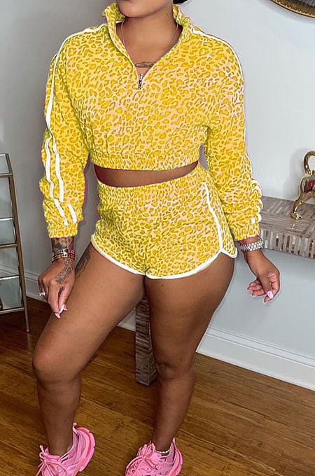 Yellow New Leopard Printing Long Sleeve Zipper Jumper Shorts Edge Strip Sport Sets LY043-1