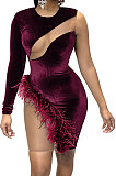 Purple Women Club Suit Sexy Fur Mesh Spaghetti Spliced Irregular Mini Dress GL6317-2