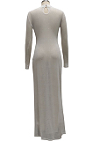Black Sexy Mesh See-Through Long Sleeve O Neck Collcet Waist Elastic Split Long Dress SMR10482-2