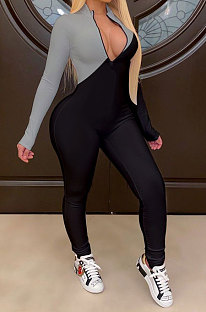 Gray Modest Color Matching Long Sleeve Stand Neck Zipper Bodycon Jumpsuits HY5241-1