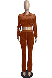 White Wholesale New Korea Velvet Long Sleeve Zipper Front Coat Flare Pants Casual Sets FH171-2