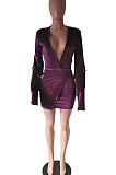 White Fashion Autumn Winter Spliced Vintage Solid Color Deep V Collar Horn Sleeve Mini Dress HM5270-2