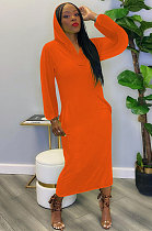 Orange Women Solid Color Casual Long Hollow Out Long Sleeve Long Dress FFE172-2