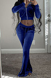 Yellow Wholesale New Korea Velvet Long Sleeve Zipper Front Coat Flare Pants Casual Sets FH171-11